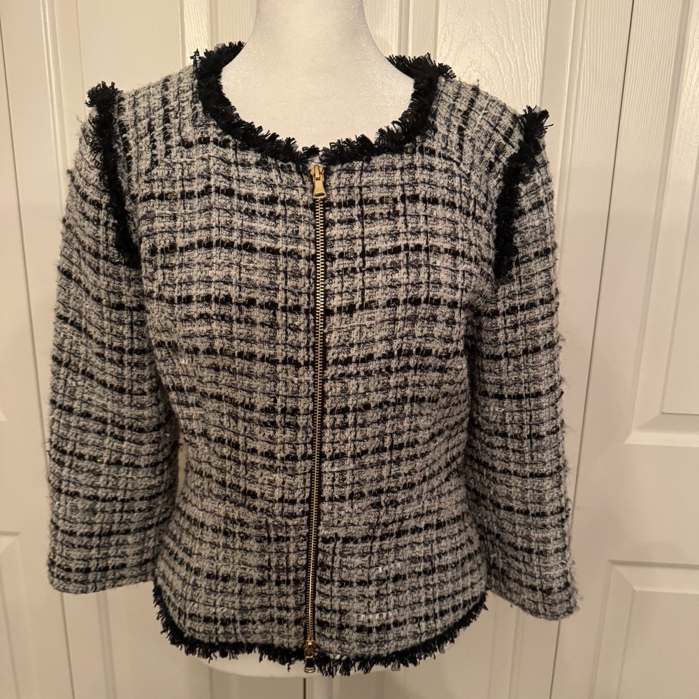 MILLY Black and White Plaid Fringe Houndstooth Wool Blazer Size 6